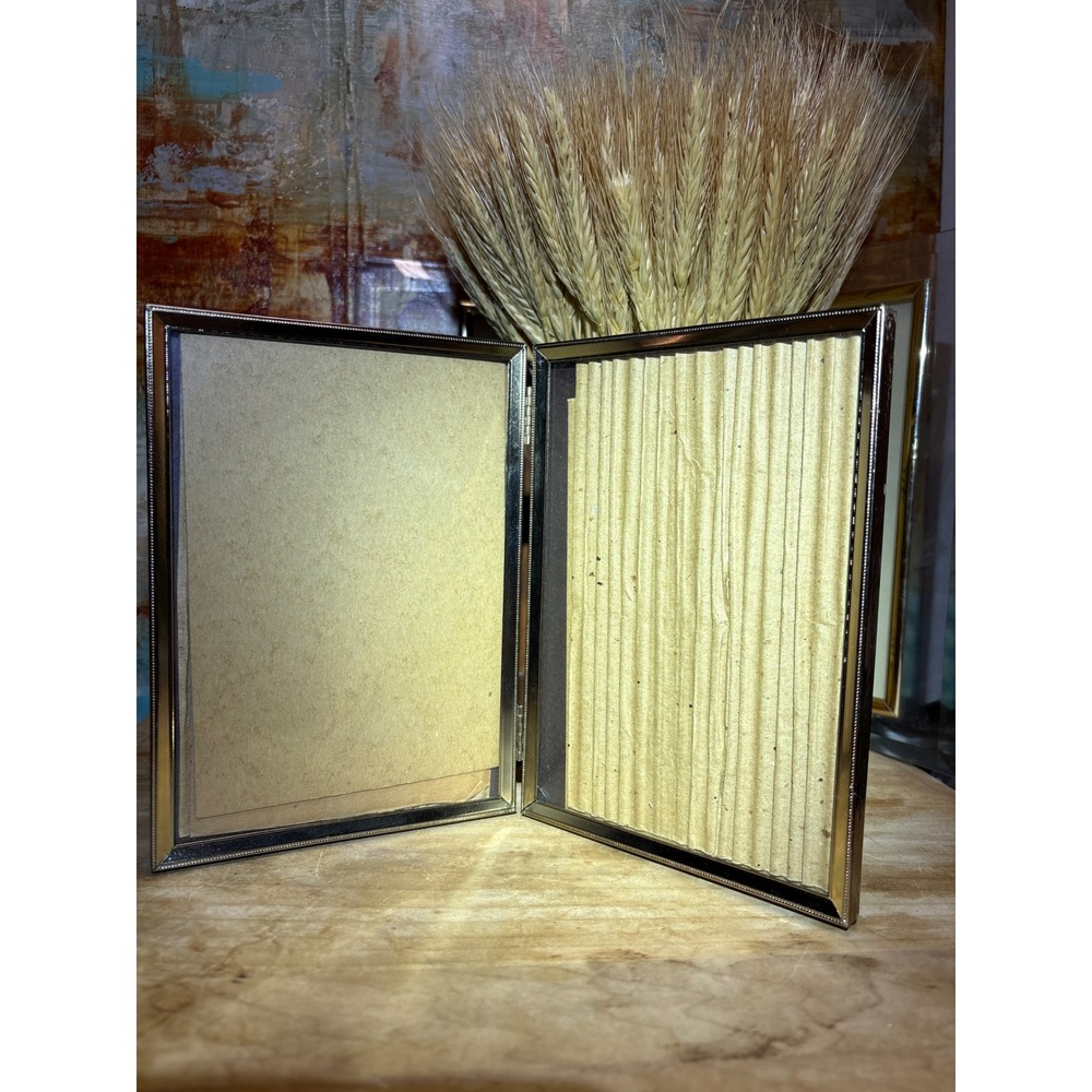 Vintage Gold Tone Beaded Double Folding 5x7 Picture Frame Hinged Tabletop